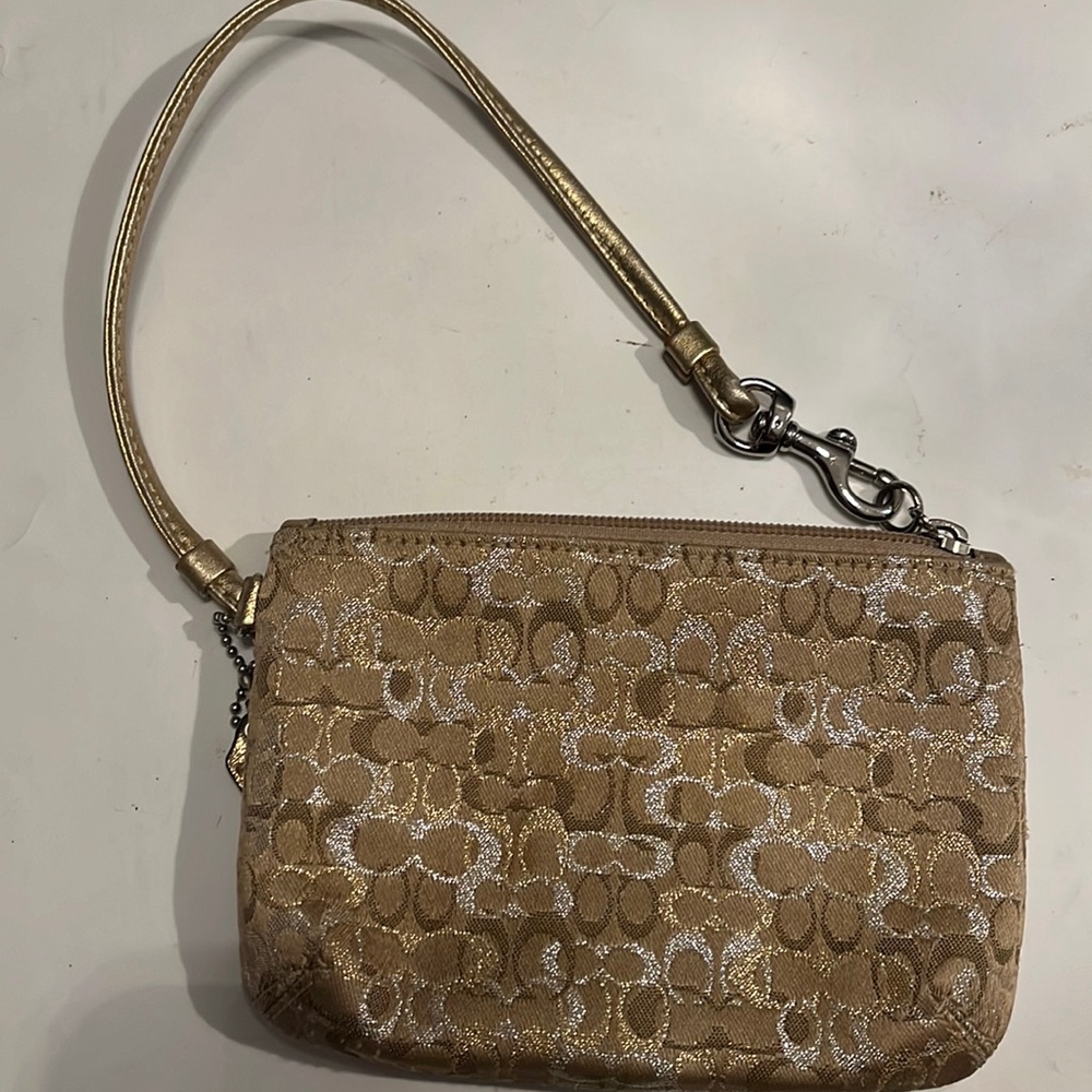 Mini coach wristlet tan with silver and gold